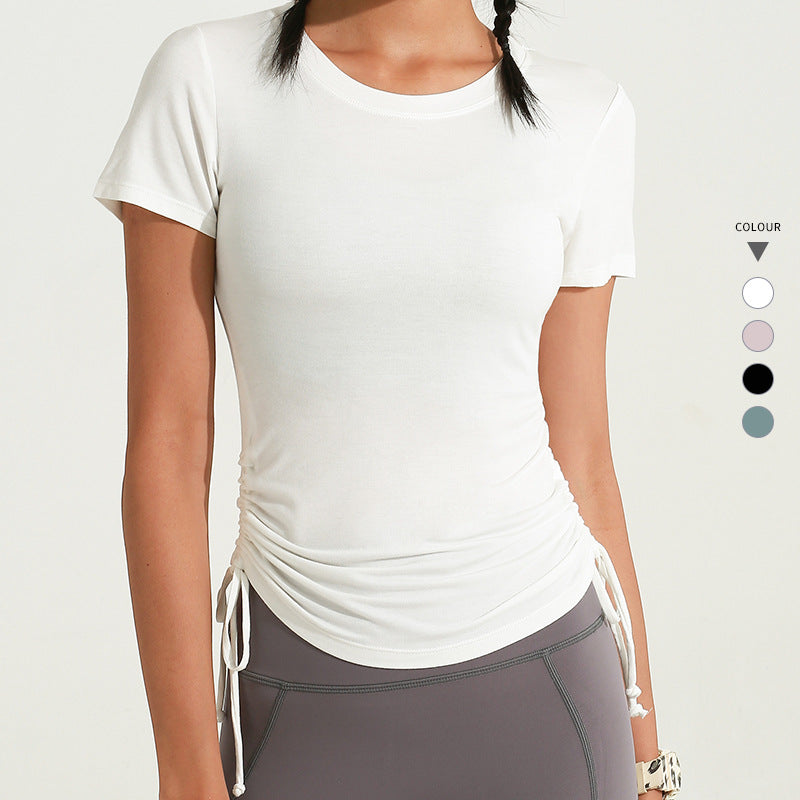 Drawstring yoga short-sleeved sports top